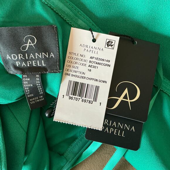 Adrianna Papell One Shoulder Evening Gown Size 16 Green Chiffon Thigh Slit Dress - Picture 9 of 13